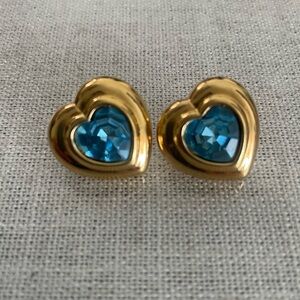 Vintage Avon Gold Tone Heart Earrings with Blue Crystal